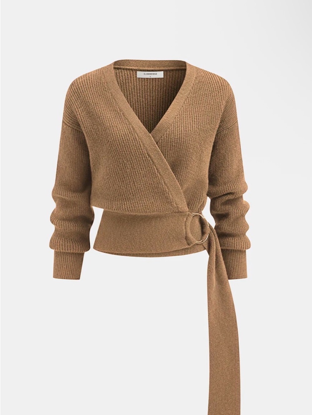 Commense Brown Wrap V-Neck Ribbed Tie Sweater